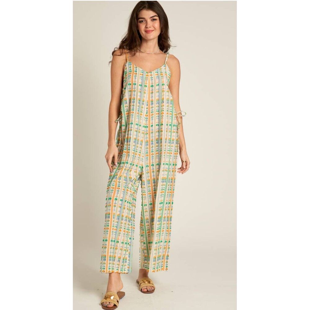 En Creme Cream Striped Floral Print Wide-Leg Jumpsuit